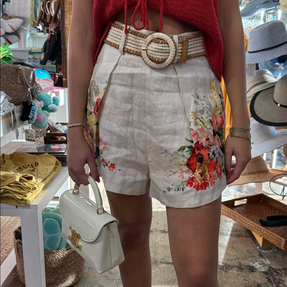 Zimmermann Cream and Red High Waist Floral Shorts